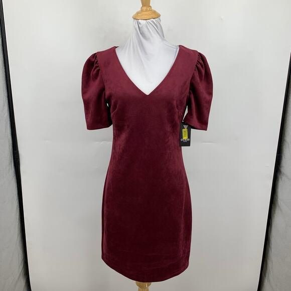 Guess Dress Womens 2 Wine Velvet Wide Puff Pouf Sleeve V Neck Back Zip Sheath - Picture 2 of 16